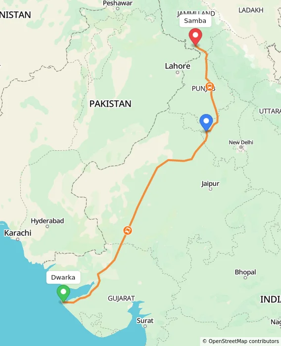 Route map showing distance and travel time from Dwarka, India to Samba, India