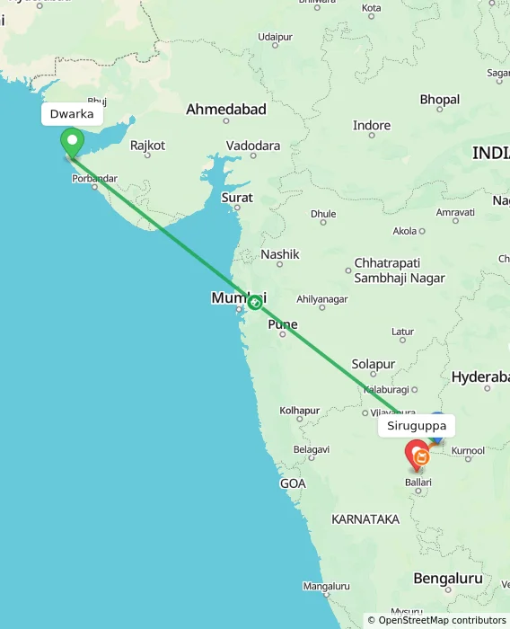 Route map showing distance and travel time from Dwarka, India to Siruguppa, India