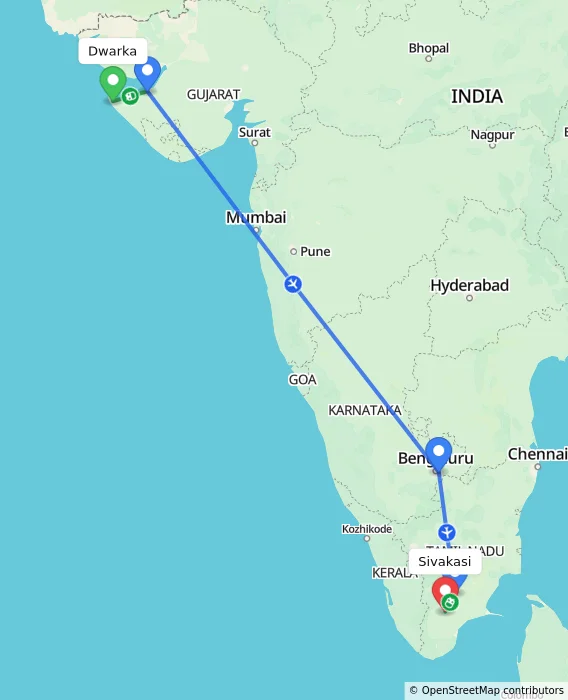 Route map showing distance and travel time from Dwarka, India to Sivakasi, India