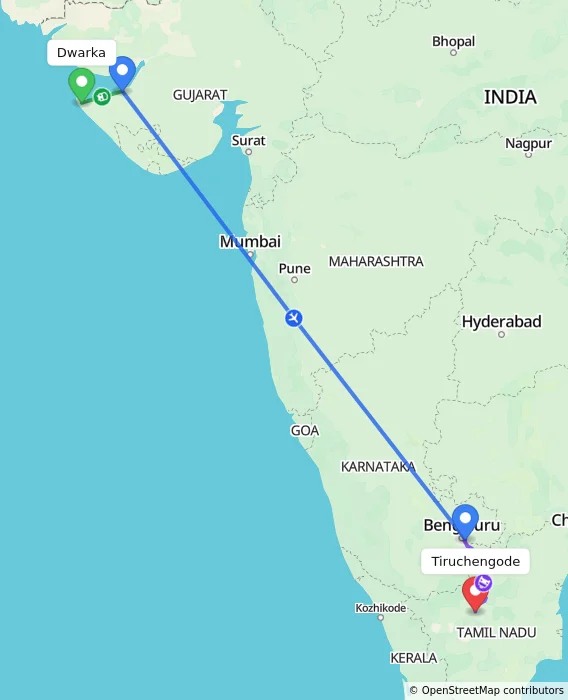 Route map showing distance and travel time from Dwarka, India to Tiruchengode, India