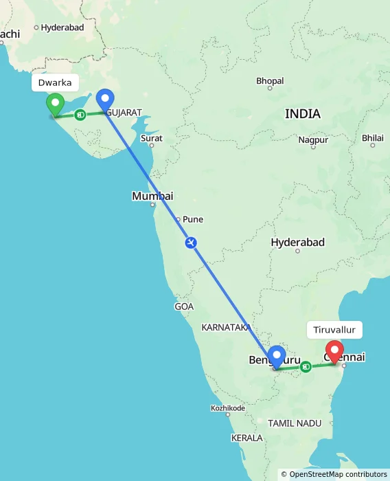 Route map showing distance and travel time from Dwarka, India to Tiruvallur, India
