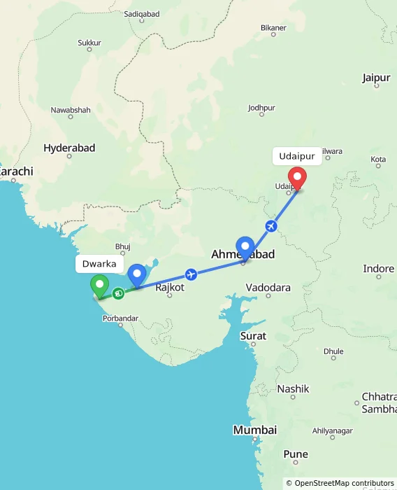 Route map showing distance and travel time from Dwarka, India to Udaipur, India