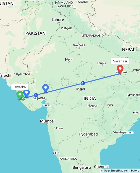 Route map showing distance and travel time from Dwarka, India to Varanasi, India