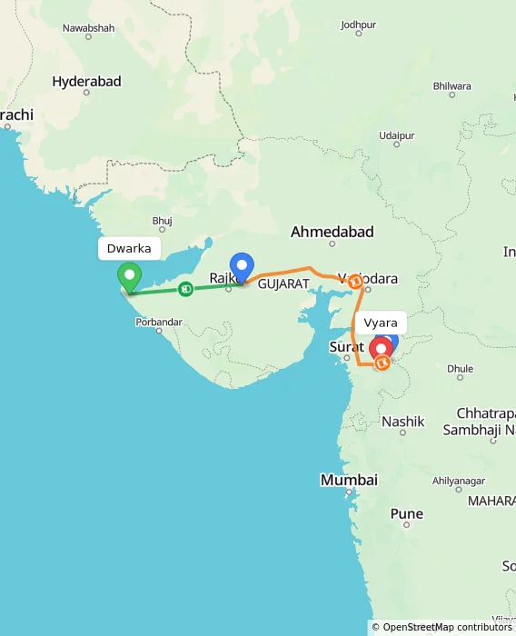 Route map showing distance and travel time from Dwarka, India to Vyara, India