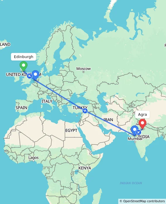 Route map showing distance and travel time from Edinburgh, United Kingdom to Agra, India