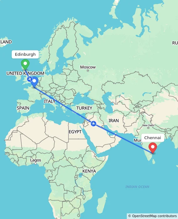 Route map showing distance and travel time from Edinburgh, United Kingdom to Chennai, India