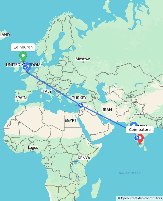 Route map showing distance and travel time from Edinburgh, United Kingdom to Coimbatore, India