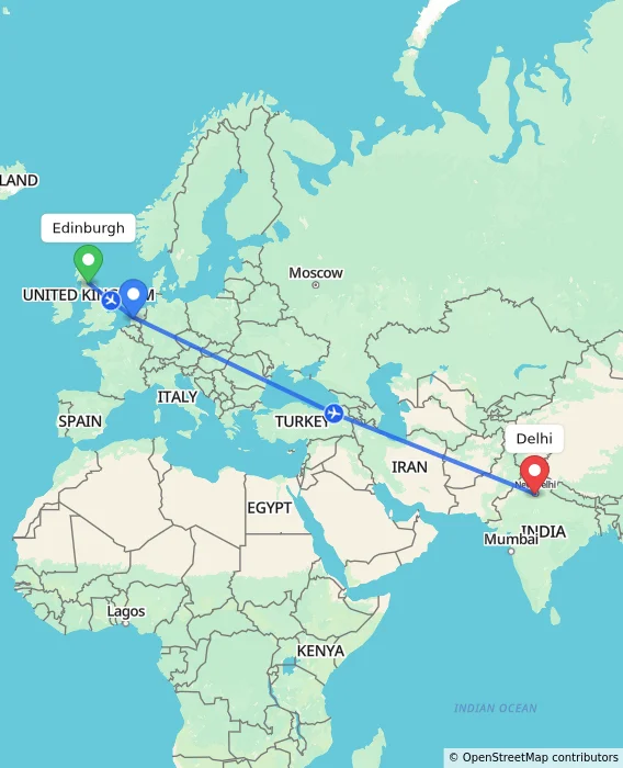 Route map showing distance and travel time from Edinburgh, United Kingdom to Delhi, India