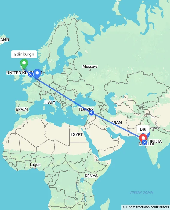 Route map showing distance and travel time from Edinburgh, United Kingdom to Diu, India