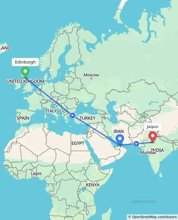 Route map showing distance and travel time from Edinburgh, United Kingdom to Jaipur, India