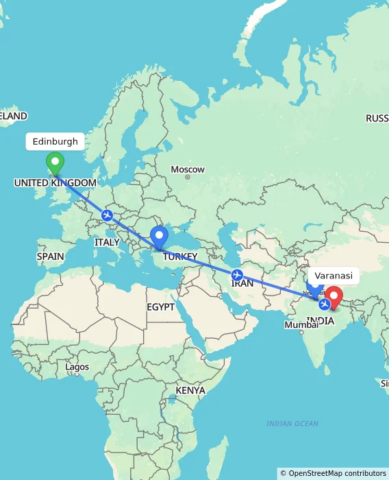 Route map showing distance and travel time from Edinburgh, United Kingdom to Varanasi, India