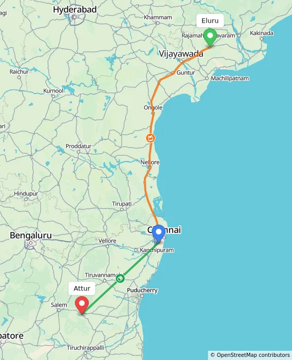 Route map showing distance and travel time from Eluru, India to Attur, India