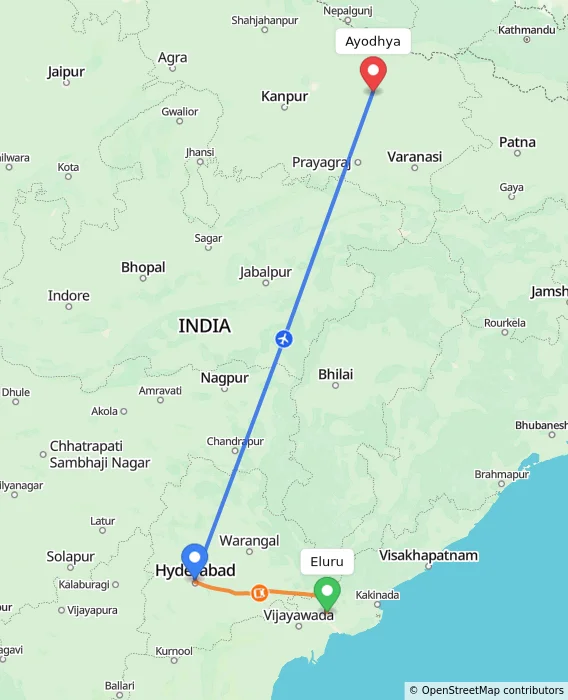 Route map showing distance and travel time from Eluru, India to Ayodhya, India