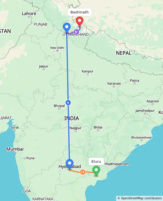 Route map showing distance and travel time from Eluru, India to Badrinath, India