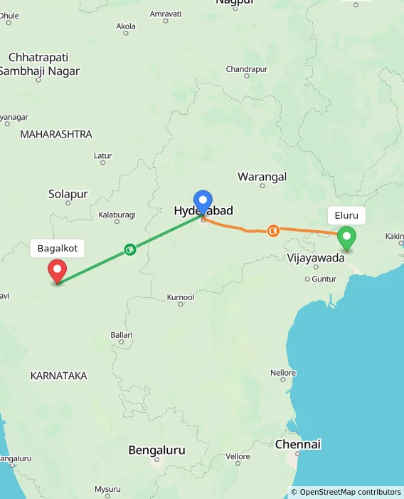 Route map showing distance and travel time from Eluru, India to Bagalkot, India