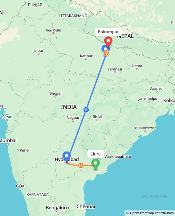 Route map showing distance and travel time from Eluru, India to Balrampur, India