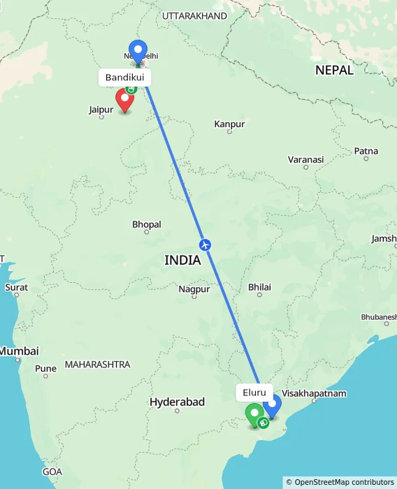 Route map showing distance and travel time from Eluru, India to Bandikui, India