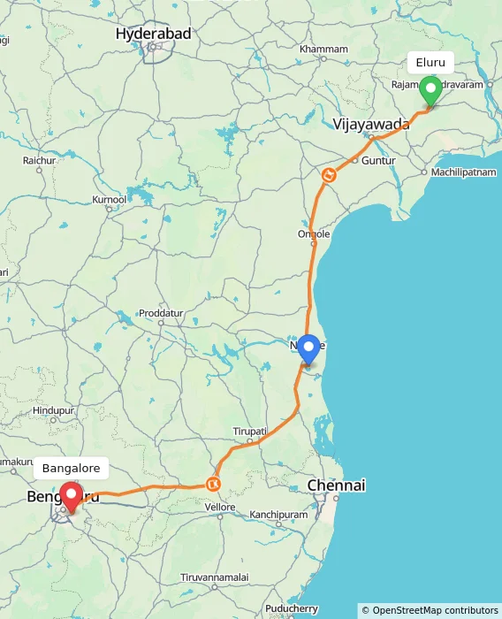 Route map showing distance and travel time from Eluru, India to Bangalore, India