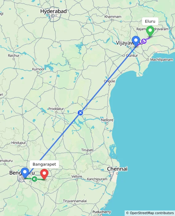 Route map showing distance and travel time from Eluru, India to Bangarapet, India