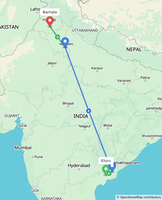 Route map showing distance and travel time from Eluru, India to Barnala, India