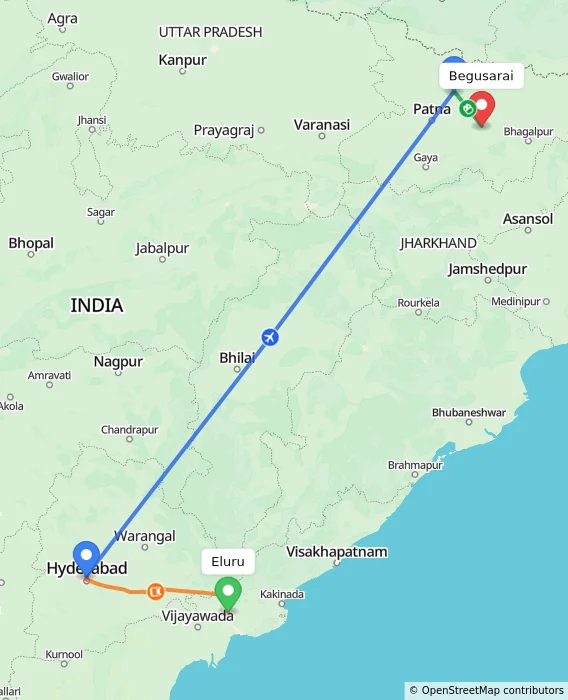 Route map showing distance and travel time from Eluru, India to Begusarai, India