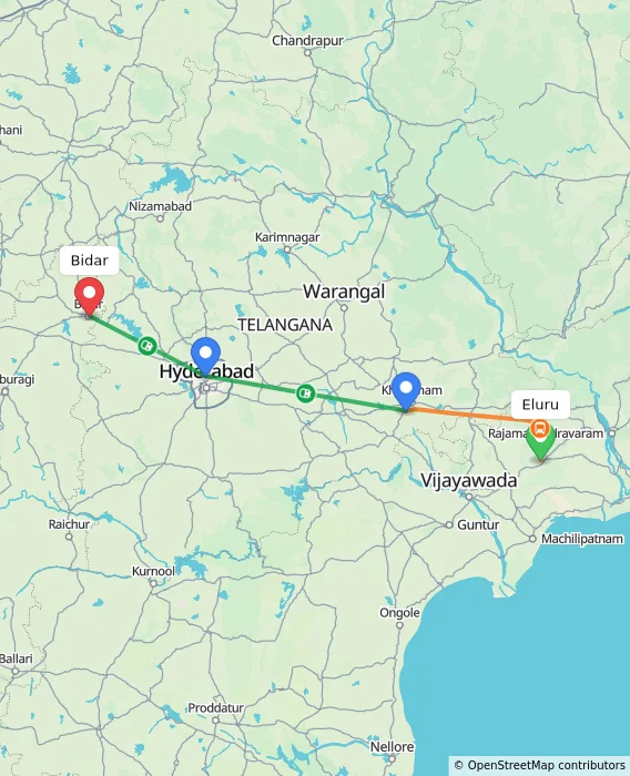 Route map showing distance and travel time from Eluru, India to Bidar, India