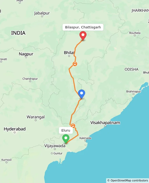 Route map showing distance and travel time from Eluru, India to Bilaspur, Chattisgarh, India