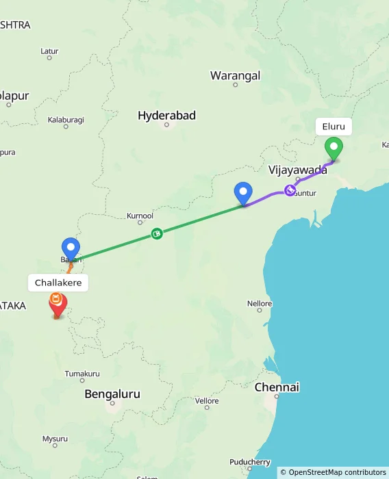 Route map showing distance and travel time from Eluru, India to Challakere, India
