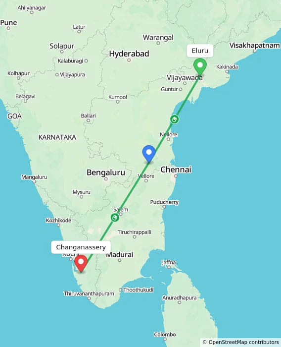 Route map showing distance and travel time from Eluru, India to Changanassery, India