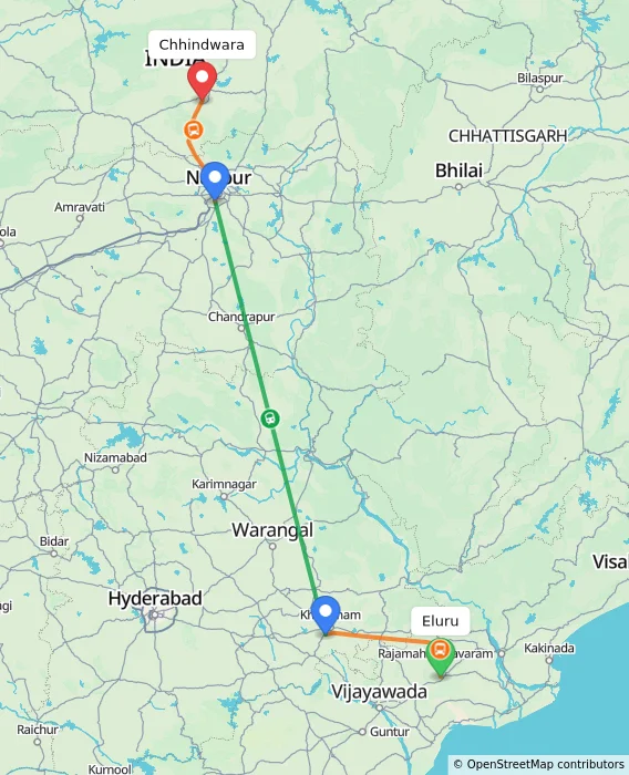 Route map showing distance and travel time from Eluru, India to Chhindwara, India