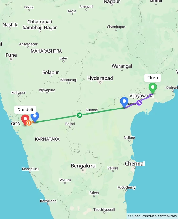 Route map showing distance and travel time from Eluru, India to Dandeli, India