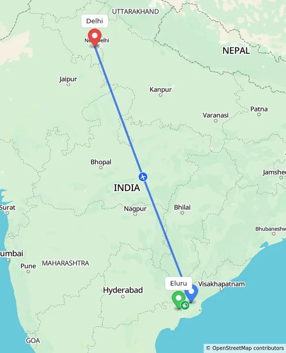 Route map showing distance and travel time from Eluru, India to Delhi, India