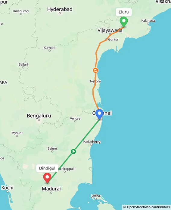 Route map showing distance and travel time from Eluru, India to Dindigul, India