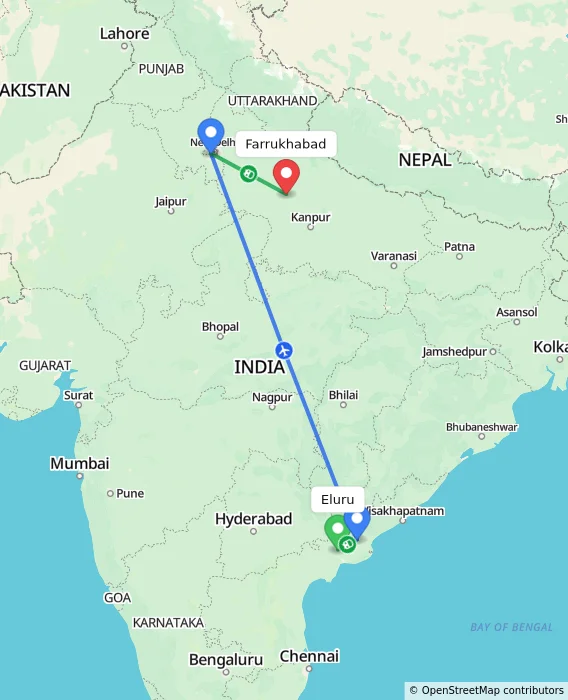 Route map showing distance and travel time from Eluru, India to Farrukhabad, India
