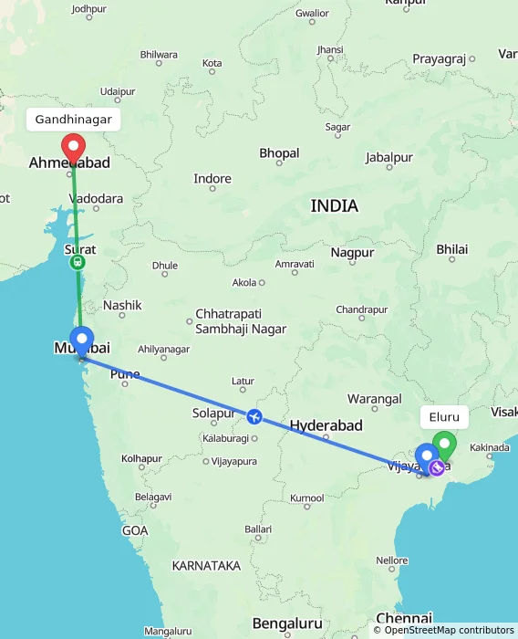 Route map showing distance and travel time from Eluru, India to Gandhinagar, India