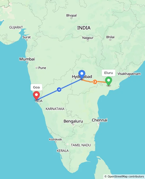 Route map showing distance and travel time from Eluru, India to Goa, India
