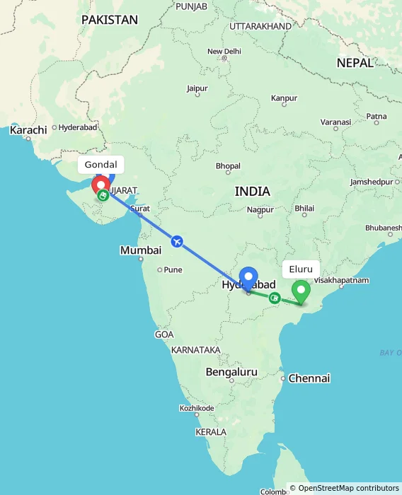 Route map showing distance and travel time from Eluru, India to Gondal, India