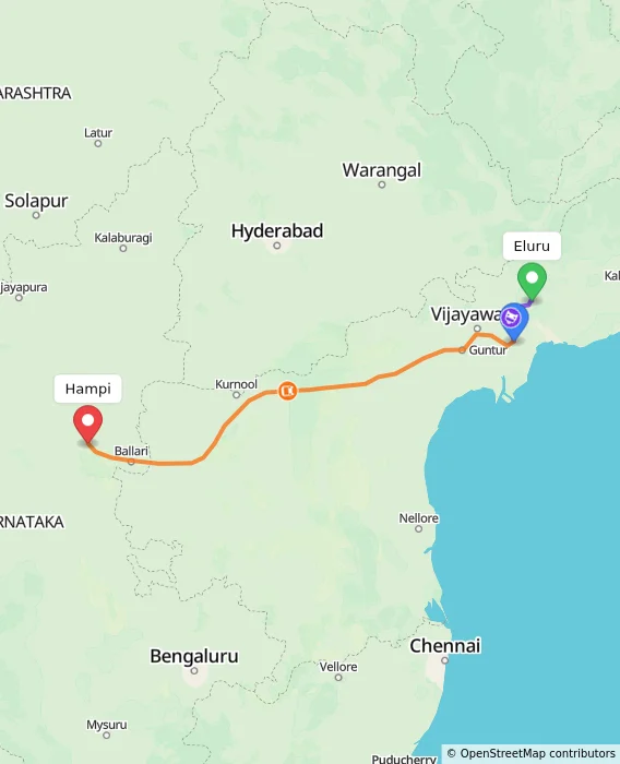 Route map showing distance and travel time from Eluru, India to Hampi, India