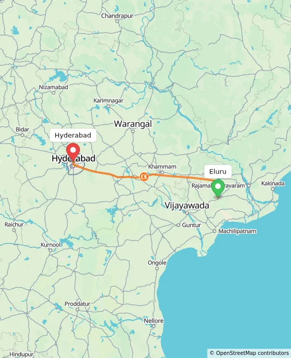 Route map showing distance and travel time from Eluru, India to Hyderabad, India