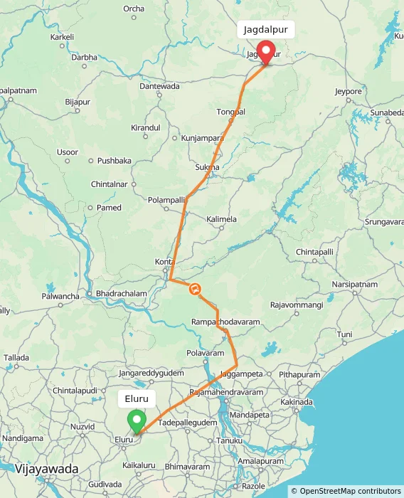 Route map showing distance and travel time from Eluru, India to Jagdalpur, India