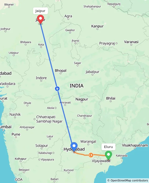 Route map showing distance and travel time from Eluru, India to Jaipur, India