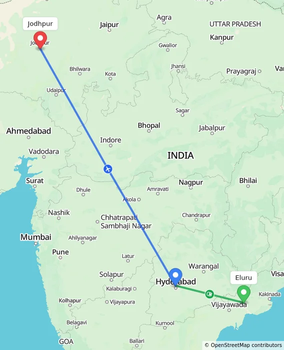 Route map showing distance and travel time from Eluru, India to Jodhpur, India