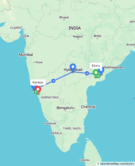 Route map showing distance and travel time from Eluru, India to Karwar, India