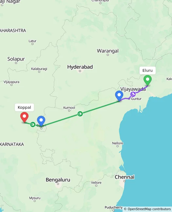 Route map showing distance and travel time from Eluru, India to Koppal, India