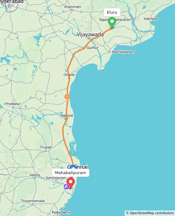 Route map showing distance and travel time from Eluru, India to Mahabalipuram, India