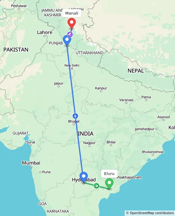 Route map showing distance and travel time from Eluru, India to Manali, India