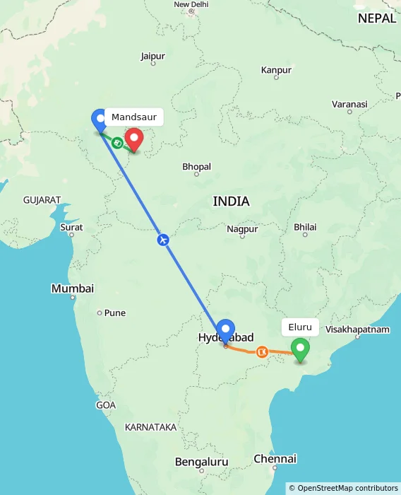 Route map showing distance and travel time from Eluru, India to Mandsaur, India