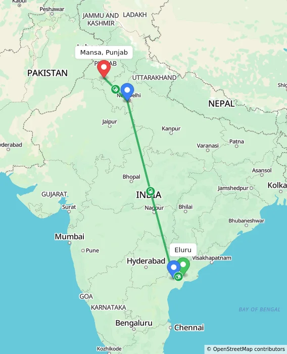 Route map showing distance and travel time from Eluru, India to Mansa, Punjab, India