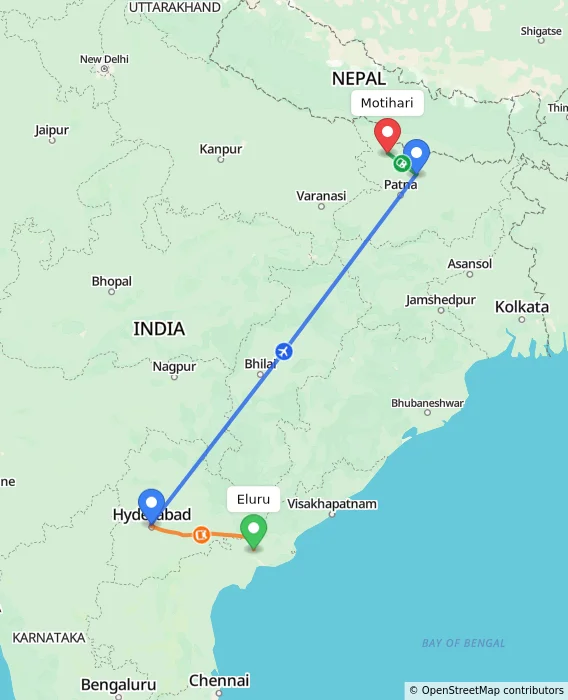 Route map showing distance and travel time from Eluru, India to Motihari, India