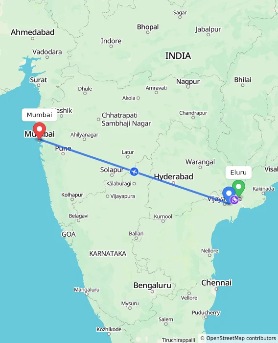 Route map showing distance and travel time from Eluru, India to Mumbai, India